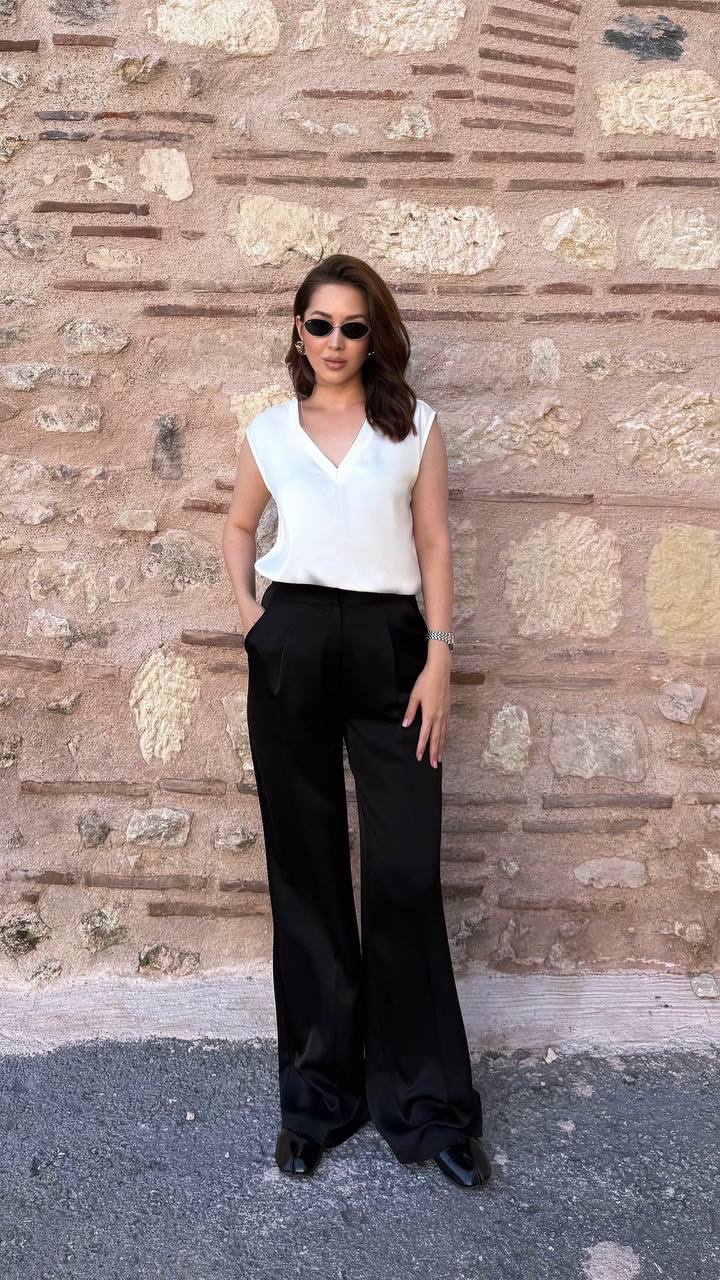 Шелковистая блузка без рукавов с V-образным вырезом — женская турецкая коллекция ALSHARM, ракурс 2