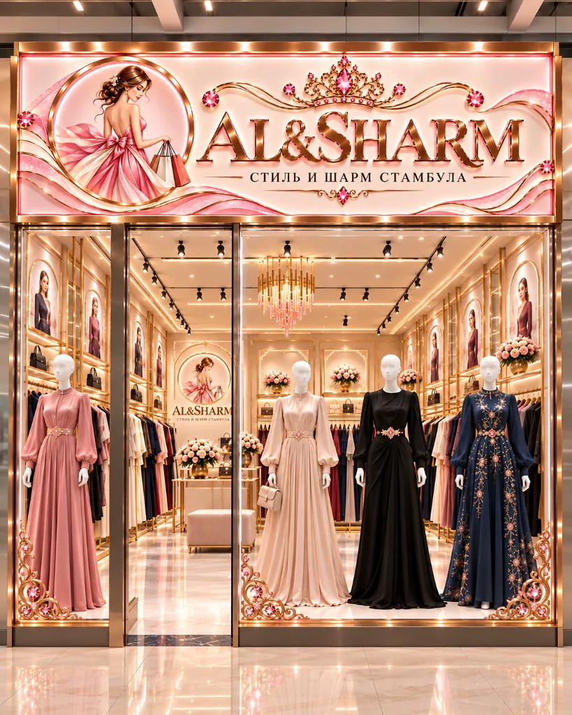 Фасад и витрина бутика ALSHARM в ТРК Grand Park (Алматы, 10 блок, линия B, номер 4)